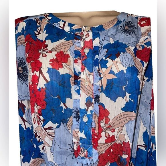 Liz Claiborne Boho Blue Floral Print Top Blouse Size L Glitter String Tie Front - Picture 5 of 7